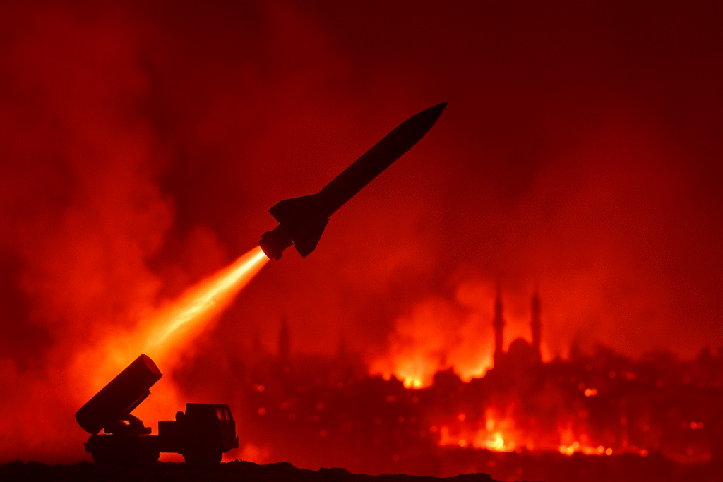 In this picture show a big missile and the picture like a fight with another country